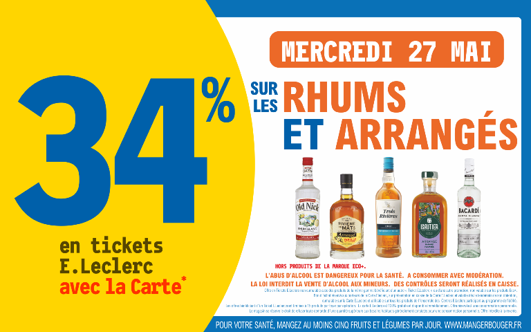 Le 27 mai 34% sur votre carte de fidelité sur les rhums et arrangés (Hors produits promotion et eco+)