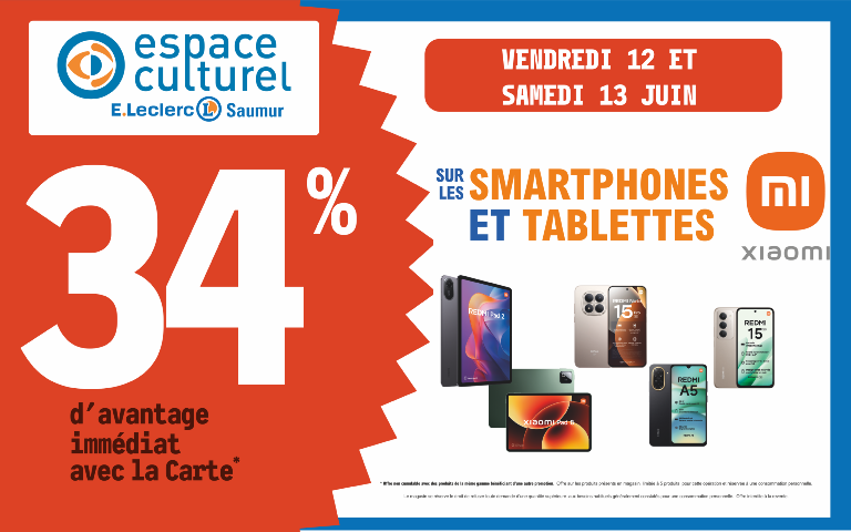 "Le vendredi 12 et samedi 13 juin, profitez de 34 % d'avantage immédiat avec la Carte* sur les SMARTPHONES ET TABLETTES XIAOMI.    Mentions Légales : *Carte 100% gratuite et disponible immédiatement. Offre non cumulable avec des produits de la même gamme bénéficiant d'une autre promotion. Offre limitée à 5 produits par foyer pour cette opération et réservée à une consommation personnelle. Le magasin se réserve le droit de refuser toute demande d'une quantité supérieure aux besoins habituels généralement constatés pour une consommation personnelle. Offre interdite à la revente. "