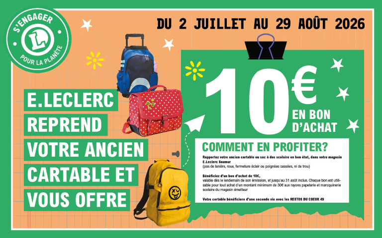 Jusqu'au 29 août, rapporez votre ancien cartable et bénéficiez d'un bon d'achat de 10€ à valoir sur vos prochaines courses de rentrée scolaire ! (voir conditions de reprise et d'utilisation en magasin)