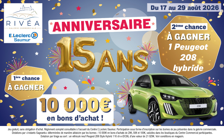 Grand Jeu de la Galerie pour ses 15 ans ! Du 17 au 29 août, tentez de remporter 10 000€ en bons d'achat ou une Peugeot 208 hybride !!