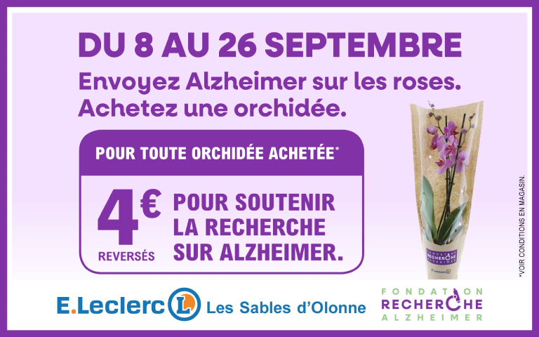 Du 8 au 26 septembre, envoyez Alzheimer sur les roses. Achetez une orchidée. Pour toute orchidée achetée* 4€ reversés pour soutenir la recherche sur Alzheimer. *Voir conditions en magasin.