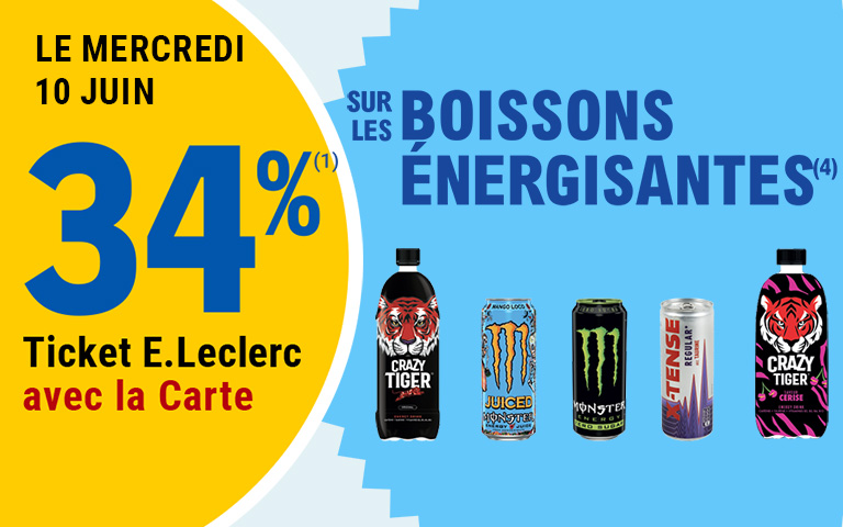 Le mercredi 10 juin, 34% en Ticket E.Leclerc sur la Carte sur les boissons énergisantes. Cliquez pour les mentions légales