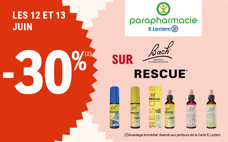 Les 12 et 13 juin, moins 30 pourcent de réduction immédiate sur Bach Original Flower Essences Rescue.Avantage réservé aux porteurs de carte