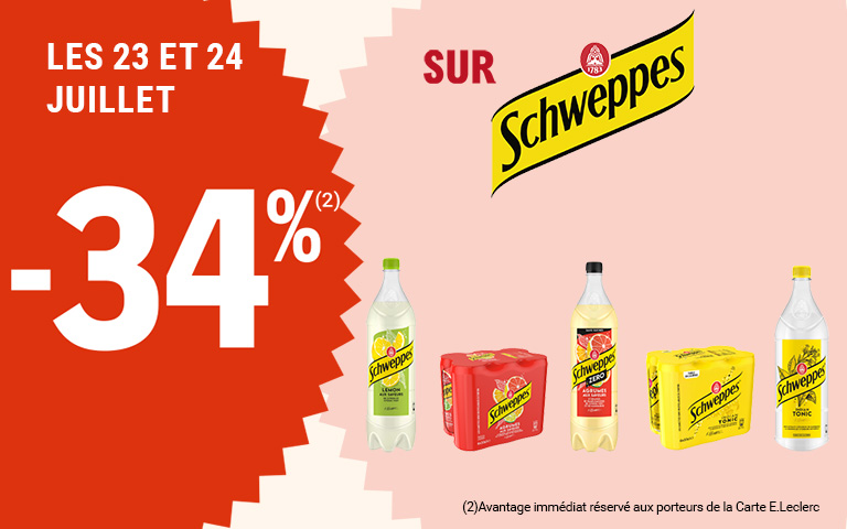 Les 23 et 24 juillet, 34% de réduction immédiate, sur la marque Schweppes. Avantage réservé aux porteurs de carte.