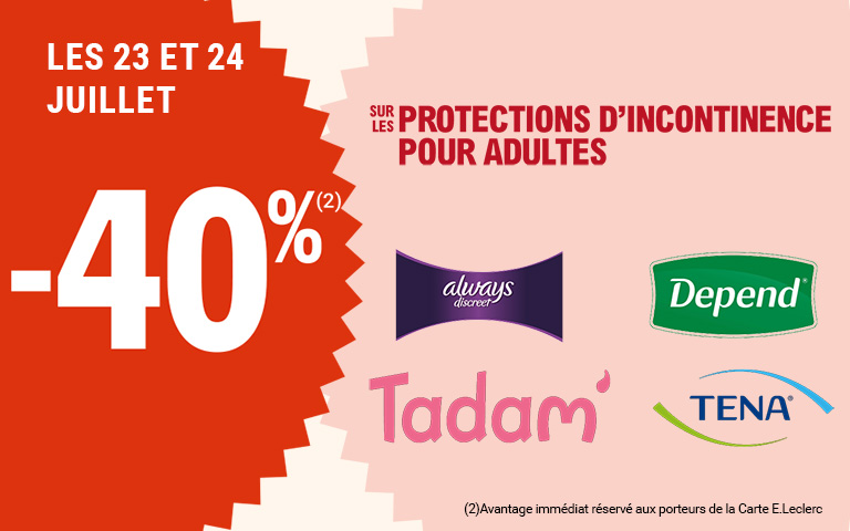 Les 23 et 24 juillet, 40% de réduction immédiate, sur les protections d'incontinence pour adultes des marques Always discreet, Depend, Tadam et Tena. Avantage réservé aux porteurs de carte.