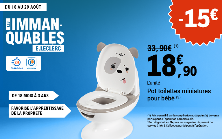Du 18 au 29 août, moins quinze euros de réduction immédiate, sur le Pot toilettes miniatures pour bébé au prix de dix-huit euros et quatre-vingt-dix centimes au lieu de trente-trois euros et quatre-vingt-dix centimes, disponible en Click & Collect sur le site ou sur l'appli. Avantage réservé aux porteurs de carte.