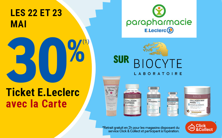 Les 22 et 23 mai, profitez de 30% en tickets E.Leclerc sur la marque Biocyte dans votre parapharmacie E.Leclerc. Offre également disponible en click&collect.