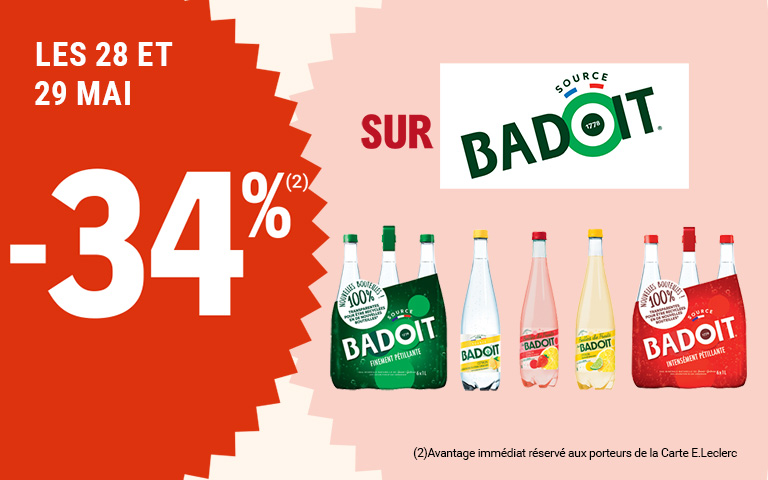 Les 28 et 29 mai, profitez de 34% en avantage immédiat sur la marque Badoit.