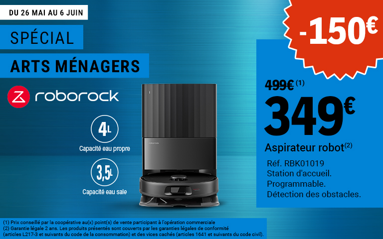 Du 26 mai au 6 juin, profitez de 150€ de réduction sur l'aspirateur robot Roborock. Capacité eau propre 4L. Capacité eau sale 3,5L. Prix passant de 499€ à 349€. 