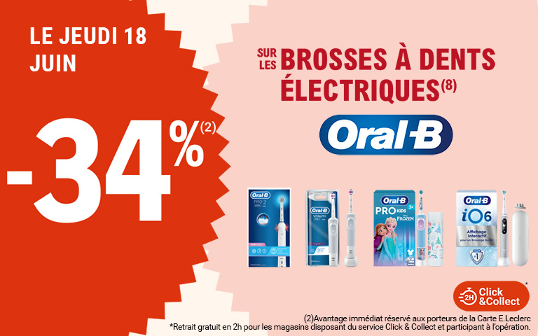 Le jeudi 18 juin , 34% avantage immédiat sur les brosses à dents électriques Oral B 