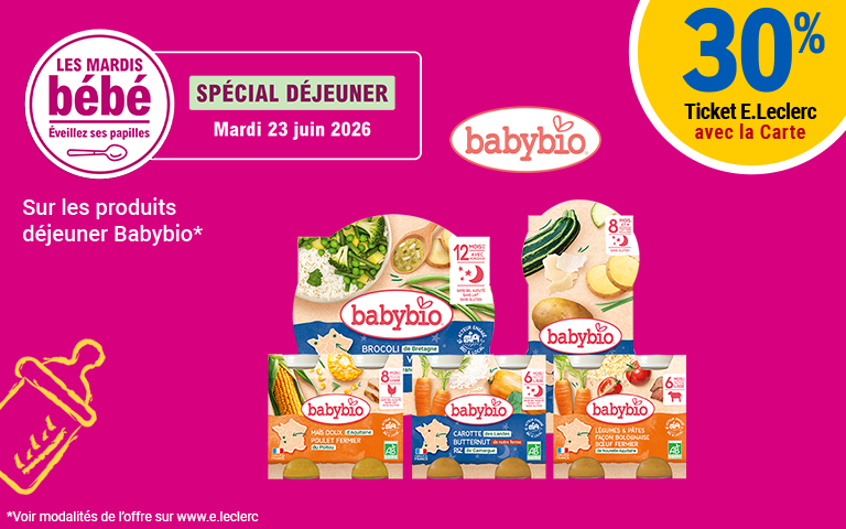 Mardi 23 juin, profitez de 30% en tickets E.Leclerc sur les produits déjeuner Babybio.