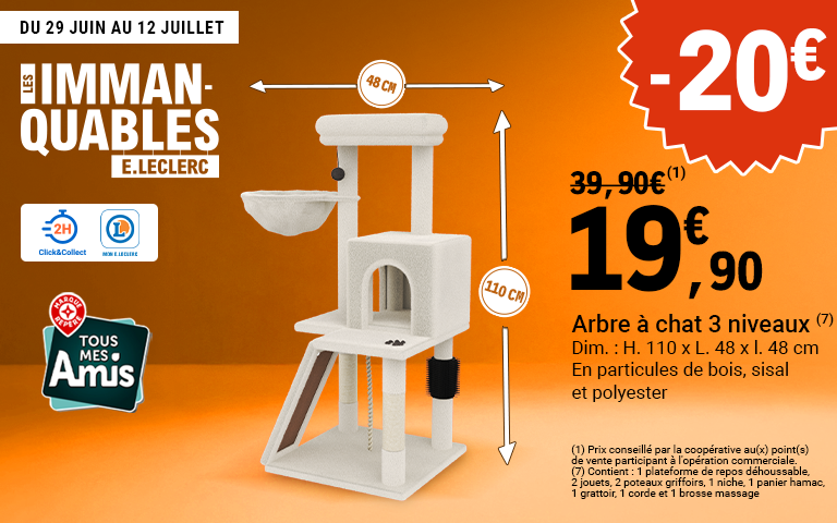 Du 29 juin au 12 juillet, moins 20 euros de réduction immédiate sur l'arbre à chat 3 niveaux, disponible en Click & Collect sur le site ou sur l'appli. Prix conseillé par la coopérative