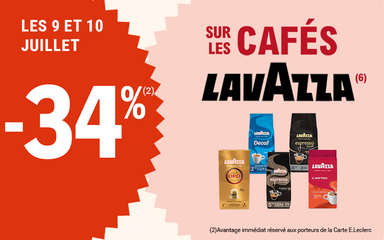 Les 9 et 10 juillet, moins 34 pourcent de réduction immédiate, sur les cafés Lavazza. Avantage réservé aux porteurs de carte. Cliquez pour les mentions légales