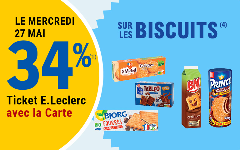 Le mercredi 27 mai, 34 pourcent en Ticket E.Leclerc sur la Carte sur les biscuits. Cliquez pour les mentions légales