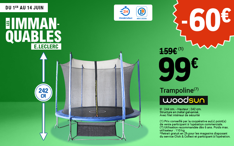 Du 1er au 14 juin, moins 60 euros de réduction immédiate sur le trampoline Woodsun,disponible en Click & Collect sur le site ou sur l'appli. Prix conseillé par la coopérative au(x) point(s) de vente participant à l'opération commerciale.