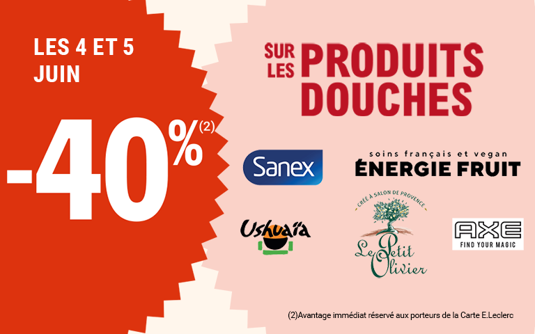 Les 4 et 5 juin, moins 40 pourcent de réduction immédiate sur les produits douches. Avantage réservé aux porteurs de carte.