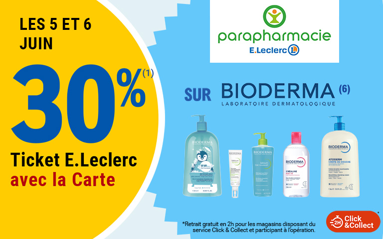 Les 5 et 6 juin, 30 pourcent en Ticket E.Leclerc sur la Carte sur BIODERMA, disponible en Click & Collect sur le site ou sur l'appli. Cliquez pour les mentions légales.