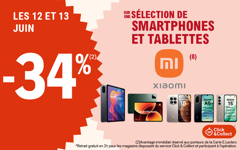 Les 12 et 13 juin, moins 34 pourcent de réduction immédiate sur une sélection de smartphones et tablettes Xiaomi,disponible en Click & Collect sur le site ou sur l'appli.Avantage réservé aux porteurs de carte