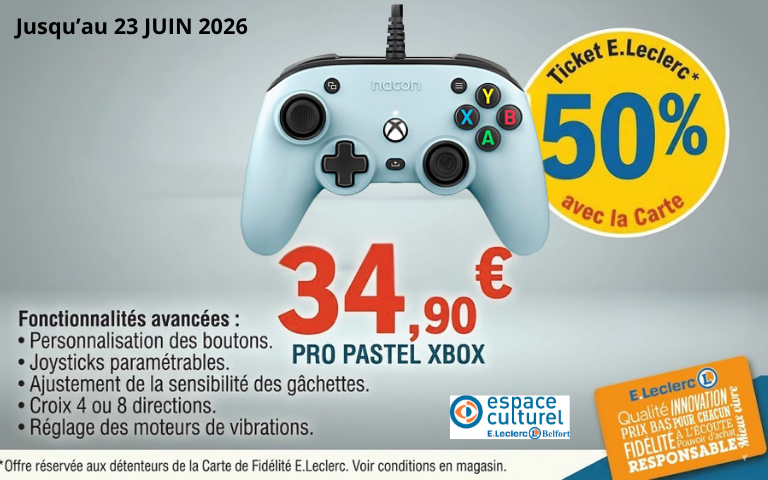 Jusqu'au 23 juin 50% en ticket E.Leclerc avec la carte sur les manettes PRO PASTEL XBOX dans votre Espace Culturel.