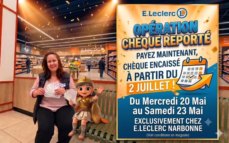 Opération chèque reporté Payez maintenant et votre chèque est encaissé à partir du 2 juillet.  Quand ? Du mercredi 20 mai au samedi 23 mai. Où ? Exclusivement dans votre Centre E.Leclerc Narbonne. (Voir conditions en magasin)