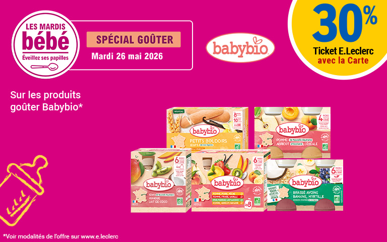 Mardi 26 mai 2026, 30 pourcent en Ticket E.Leclerc sur la Carte sur les produits goûter Babybio.