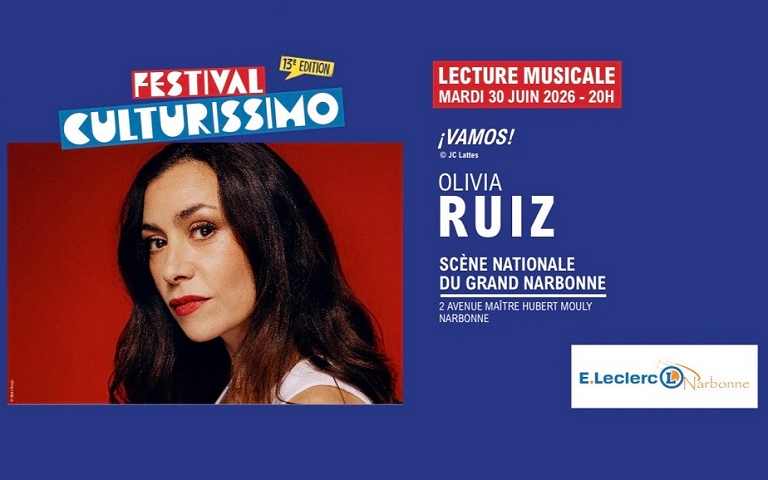 Dans le cadre de la 13ème édition du Festival Culturissimo (un grand rendez-vous national créé par les Espaces Culturels E.Leclerc), nous avons l'immense joie d'accueillir l'artiste Olivia Ruiz pour une lecture musicale exclusive de son œuvre « LIT ¡VAMOS! ».  📅 Mardi 30 juin à 20h 📍 Théâtre Scène Nationale du Grand Narbonne 🎟️ Entrée 100 % GRATUITE (sur réservation)