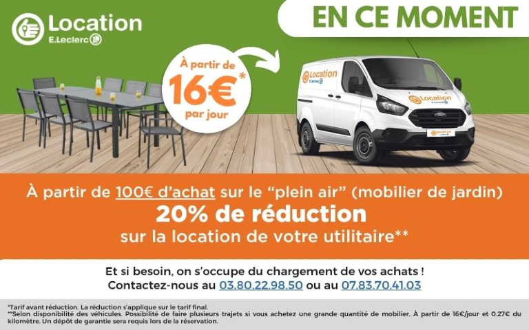 Bénéficiez de 20% de réduction sur la location de votre utilitaire pour emporter vos achats PLEIN AIR (dès 100€ d'achat) 