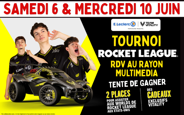 Samedi 6 & Mercredi 10/06, viens jouer pour tenter de remporter des goodies et 2 places pour assister aux WORLDS de ROCKET LEAGUE aux Etats-Unis. Reglement et conditions en magasin.
