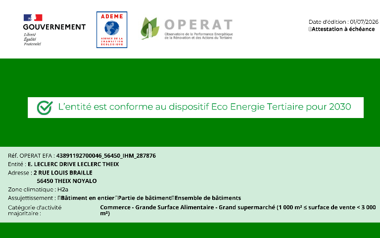 Attestation officielle de la plateforme OPERAT, avec les logos du Gouvernement français et de l'ADEME (Agence de la transition écologique) en haut à gauche. En haut à droite, la date d'édition est indiquée : 01/07/2026.  Au centre, un encadré blanc sur un grand fond vert affiche le message principal, accompagné d'une icône de validation (coche verte) : « L'entité est conforme au dispositif Eco Energie Tertiaire pour 2030 ».  La partie inférieure, sur fond gris, détaille les informations de l'établissement :  Réf. OPERAT EFA : 43891192700046_56450_IHM_287876  Entité : E. LECLERC DRIVE LECLERC THEIX  Adresse : 2 RUE LOUIS BRAILLE, 56450 THEIX NOYALO  Zone climatique : H2a  Assujettissement : Bâtiment en entier  Catégorie d'activité majoritaire : Commerce - Grande Surface Alimentaire - Grand supermarché (1 000 m² ≤ surface de vente < 3 000 m²)