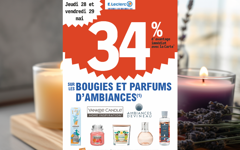 34% en remise immédiate sur les bougiers et parfums d'ambiances Yankee Candle et Ambiances Devineau du jeudi 28 au vendredi 29 mai