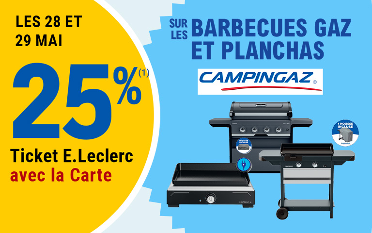 Les 28 et 29 mai, 25 pourcent en Ticket E.Leclerc sur la Carte sur les barbecues gaz et planchas. Cliquez pour les mentions légales