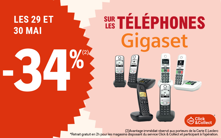 Les 29 et 30 mai, moins 34 pourcent de réduction immédiate sur les téléphones Gigaset. Avantage réservé aux porteurs de carte