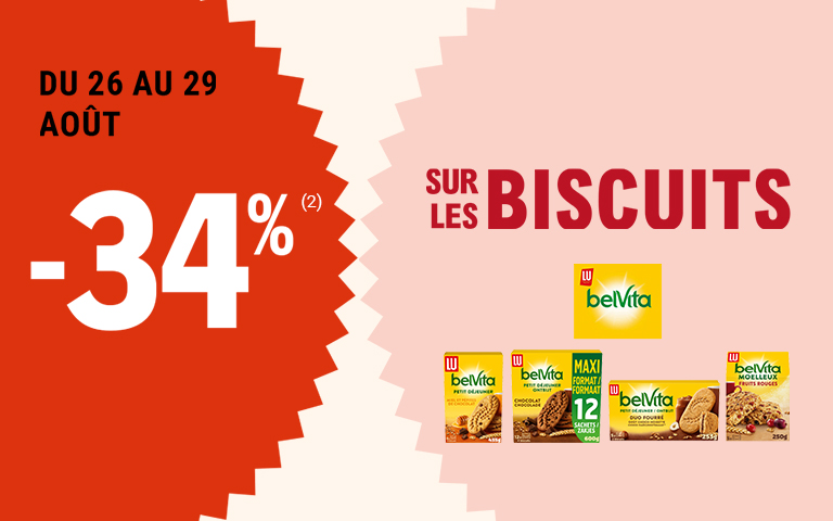Du mercredi 26 au samedi 29 août, 34 pour cent sur les biscuits Belvita. Cliquez pour les mentions légales.