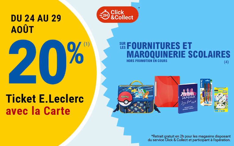 Du 24 au 29 août, 20 pour cent en Ticket E.Leclerc sur la Carte, sur les fournitures et maroquinerie scolaires hors promotion en cours. Cliquez pour les mentions légales.