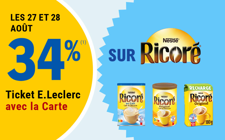 Les 27 et 28 août, 34 pour cent en Ticket E.Leclerc sur la Carte, sur la marque Ricoré. Cliquez pour les mentions légales.