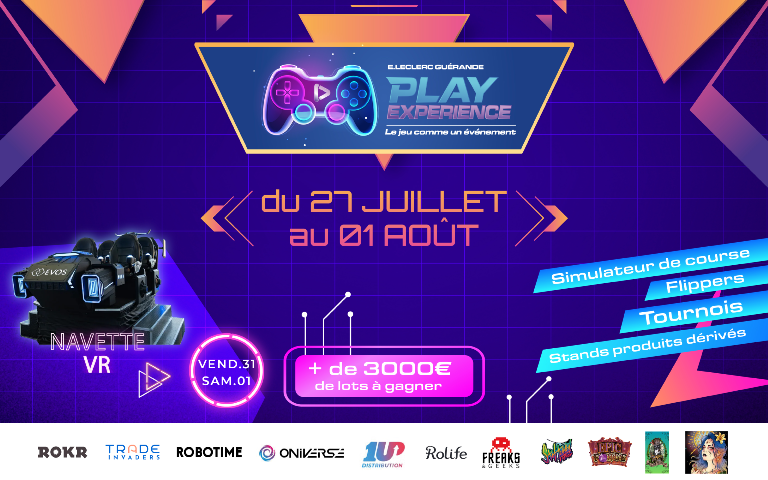 Du 27 juillet au 1er août, le salon du gaming s'invite dans votre Espace Culturel E.Leclerc Guérande !  Au programme : Simulateur de course,  tournois, Navette VR , et plus de 3000€ de lots à gagner !  Entrée libre, venez nombreux !