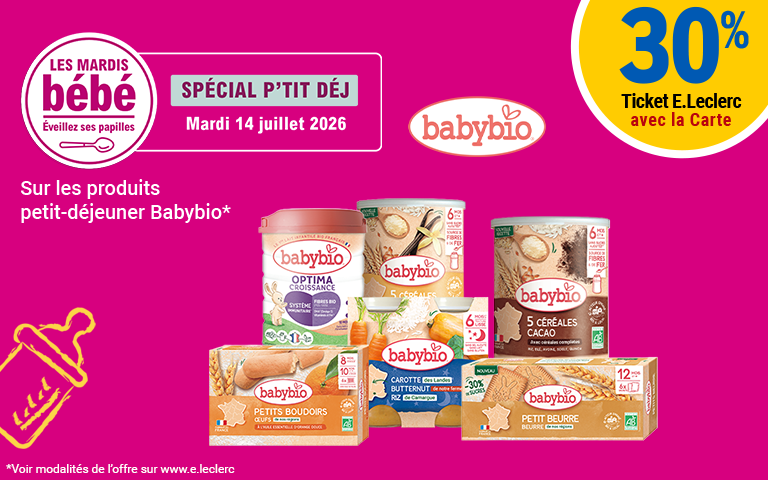 Mardi bébé du 14 juillet : 30% en ticket E.Leclerc sur les produits petit-déjeuner Babybio. 