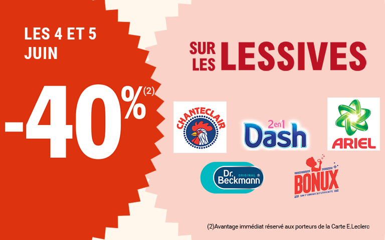 Les 4 et 5 juin, moins 40 pourcent de réduction immédiate sur les lessives. Avantage réservé aux porteurs de carte.