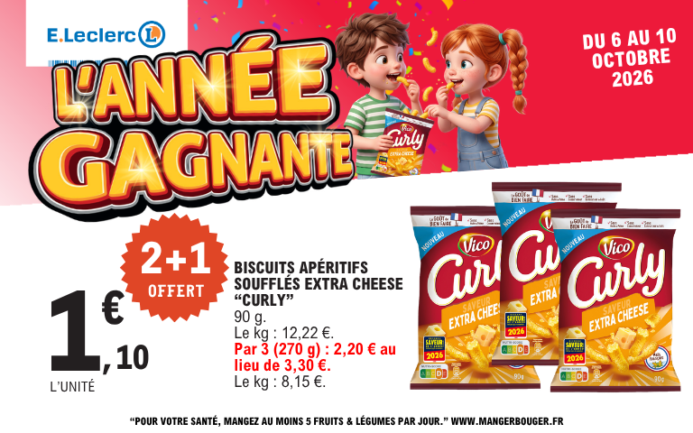 Du 6 au 10 octobre 2026, offre sur les biscuits apéritifs soufflés extra cheese Curly. Voir conditions en magasin.
