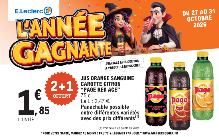 Du 27 au 31 octobre 2026 : 2 plus 1 offert sur les jus Pago 75 cl à 1,85 euro l'unité (panachage possible).