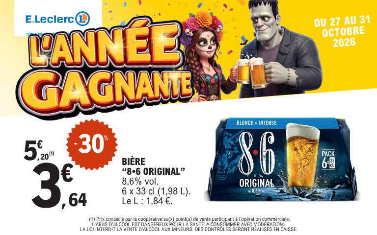 Du 27 au 31 octobre 2026 :  moins 30  pourcent sur le pack de bière 8.6 Original (6 x 33 cl), soit 3,64 euros au lieu de 5,20 euros.