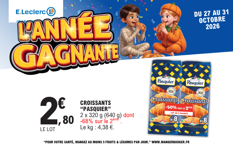 Du 27 au 31 octobre 2026 : lot de croissants Brioche Pasquier (2 x 320 g, 16 croissants) à 2,80 euros le lot, avec -68 pourcent sur le 2ème produit.