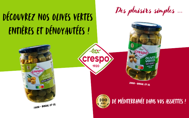 Découvrez les olives vertes entières et dénoyautées de la marque Crespo.  Des plaisirs simples de Méditerranée dans vos assiettes. 160g = Bocal de 37cl