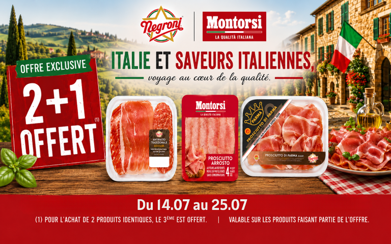 Découvrez les saveurs italiennes de la marque Negroni avec l'offre exclusive 2+1 OFFERT du 20 au 26 juillet 2026. Une sélection de charcuteries est mise en avant. Pour l'achat de 2 produits identiques, le 3ème est offert. Valable sur les produits faisant partie de l'offre.