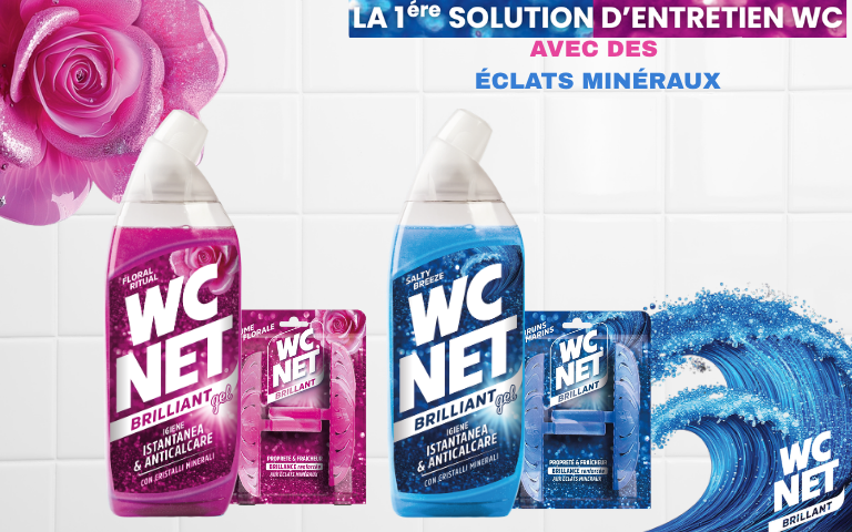 Découvrez la nouvelle gamme WC Net Brillant. La 1ère gamme d’entretien WC avec des éclats minéraux.