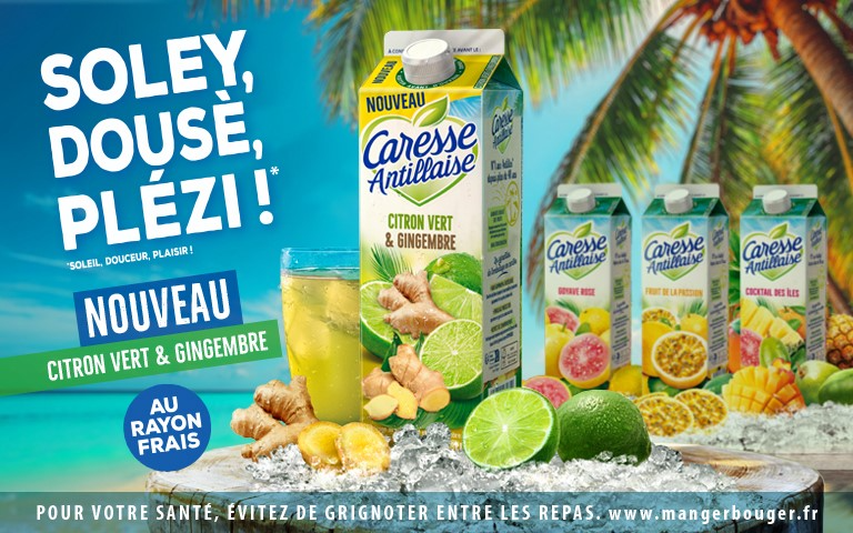Découvrez la nouvelle saveur : Citron Vert et Gingembre de la marque Caresse antillaise. Pour votre santé, évitez de grignoter entre les repas .  www.mangerbouger.fr