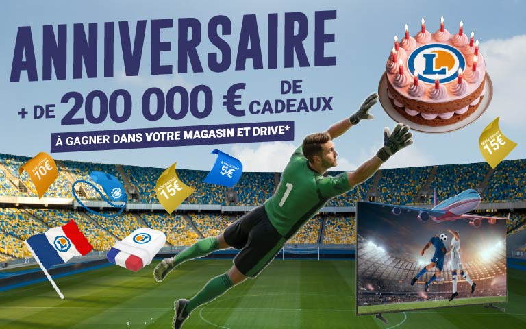 Visuel du Grand jeu anniversaire avec + de 200 000€ de lots à gagner. Des bons d'achat de 5/10 et 15€, des goodies pour la coupe du monde et au tirage au sort des SMART TV 55" et 1 voyage d'une valeur de 1000€. Jeu avec obligation d'achat, voir réglement en magasin.