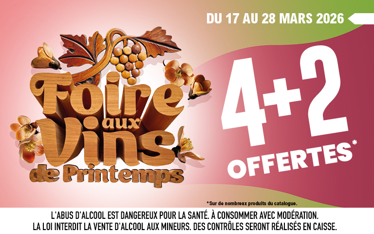 Du 17 au 28 mars 2026, Foire aux vins de printemps dans votre centre E.Leclerc. L'abus d'alcool est dangereux pour la santé, à consommer avec modération. La loi interdit la vente d'alcool aux mineurs, des contrôles seront réalisés en caisse.